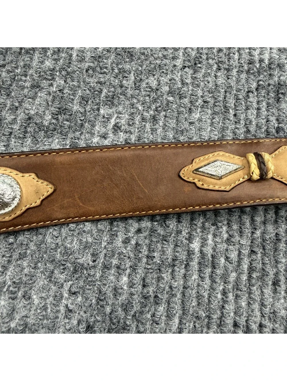 Justin Belt Mens 38 Brown Leather Western Concho Studded Engraved Silver Buckle